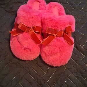Fuzzy Pink Slippers with Red Bows